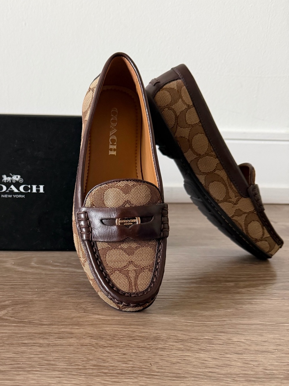 Coach Women's Brown Signature Canvas Penny Loafers with Leather Trim